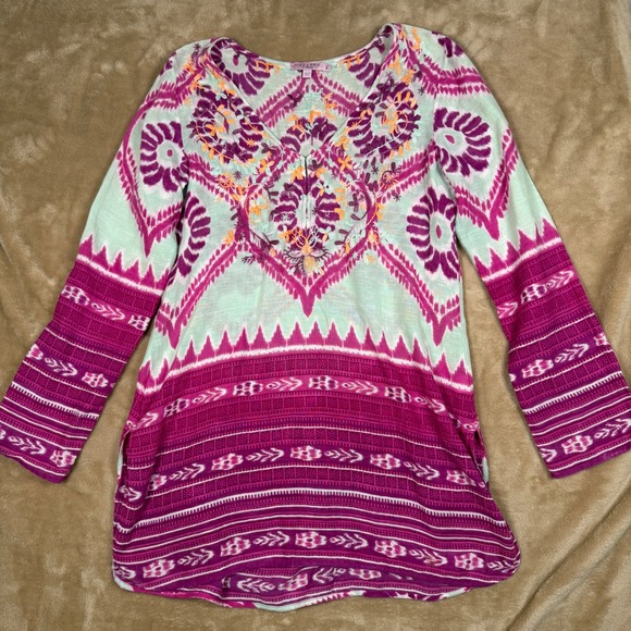 Calypso St. Barth Tops - Calypso St Barth Tunic Top Purple Mint Ikat Embroidered Tassel Trim Small